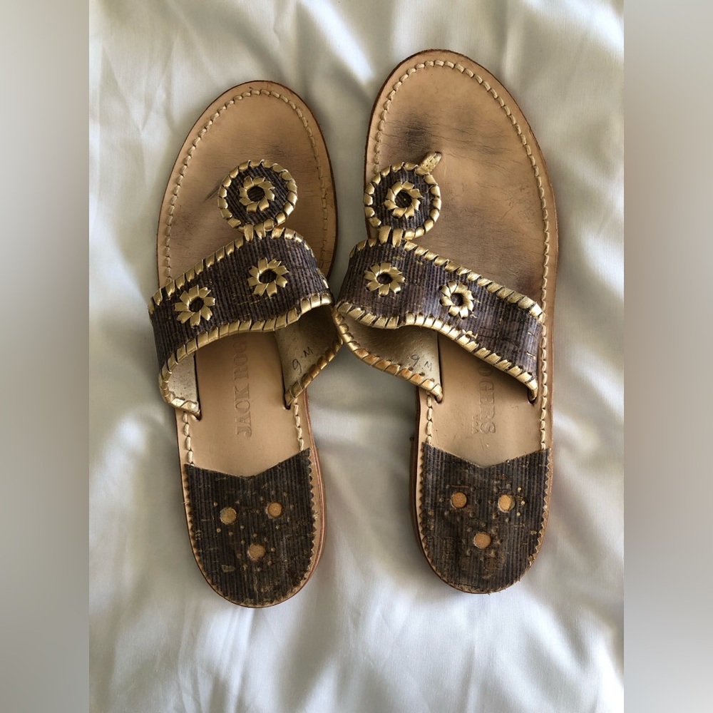 Jack Rogers Brown & Gold Jack Flat Sandal- Size 9
